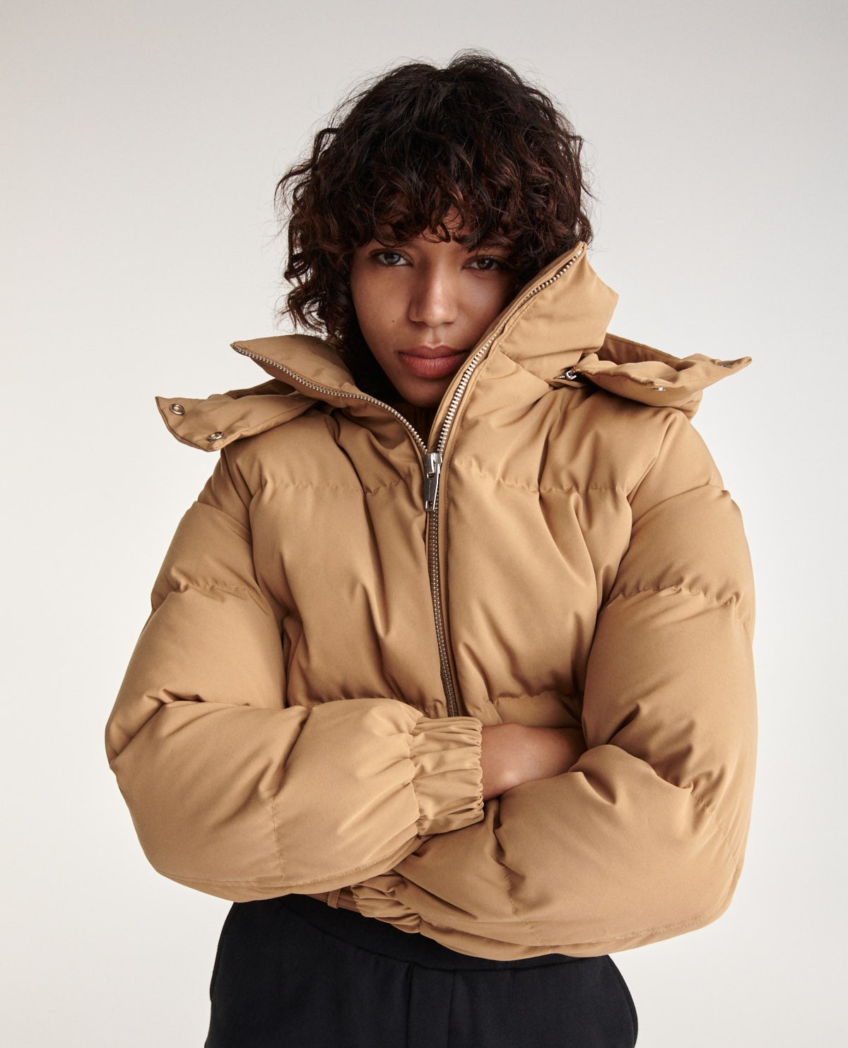 Quilted Beige Down Jacket With belt 