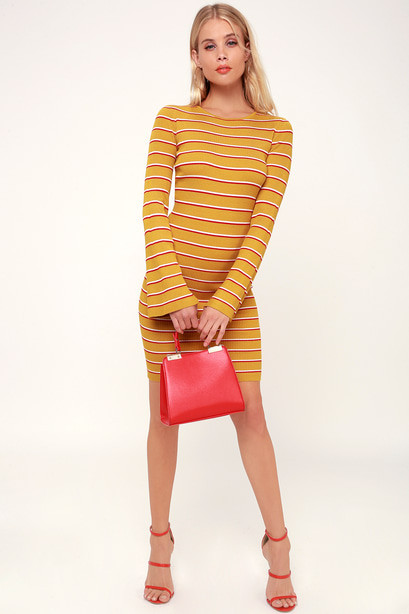 Rendezvous Mustard Yellow Striped Long Sleeve Bodycon Dress