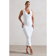 Roulette White Cowl-Neck Midi Dress