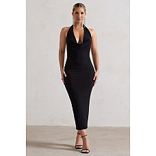 Roulette black cowl neck midi dress