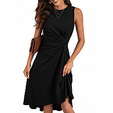 Sleeveless Midi Dresses Crew Neck Solid Ruched Waist