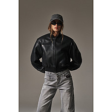 Faux Leather Shoulder Padded Bomber Jacket