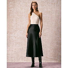 The Black Low Waisted Lace Satin Midi Skirt