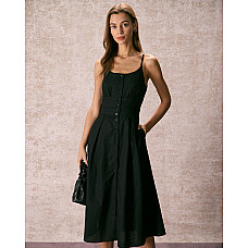 The Black Pleated Button Slit Strap Midi Dress