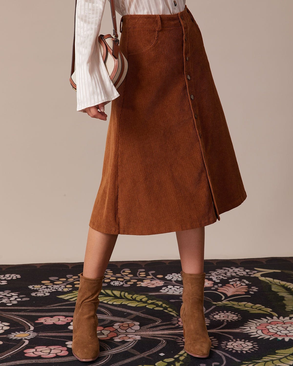 The Brown Button-Front Corduroy Midi Skirt