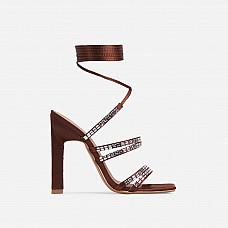 The Finest Diamante Strappy Lace Up Square Toe Heel In Brown 