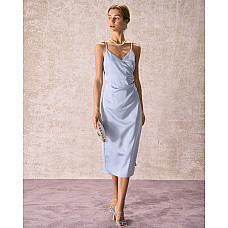 The Light Blue V Neck Satin Slip Midi Dress