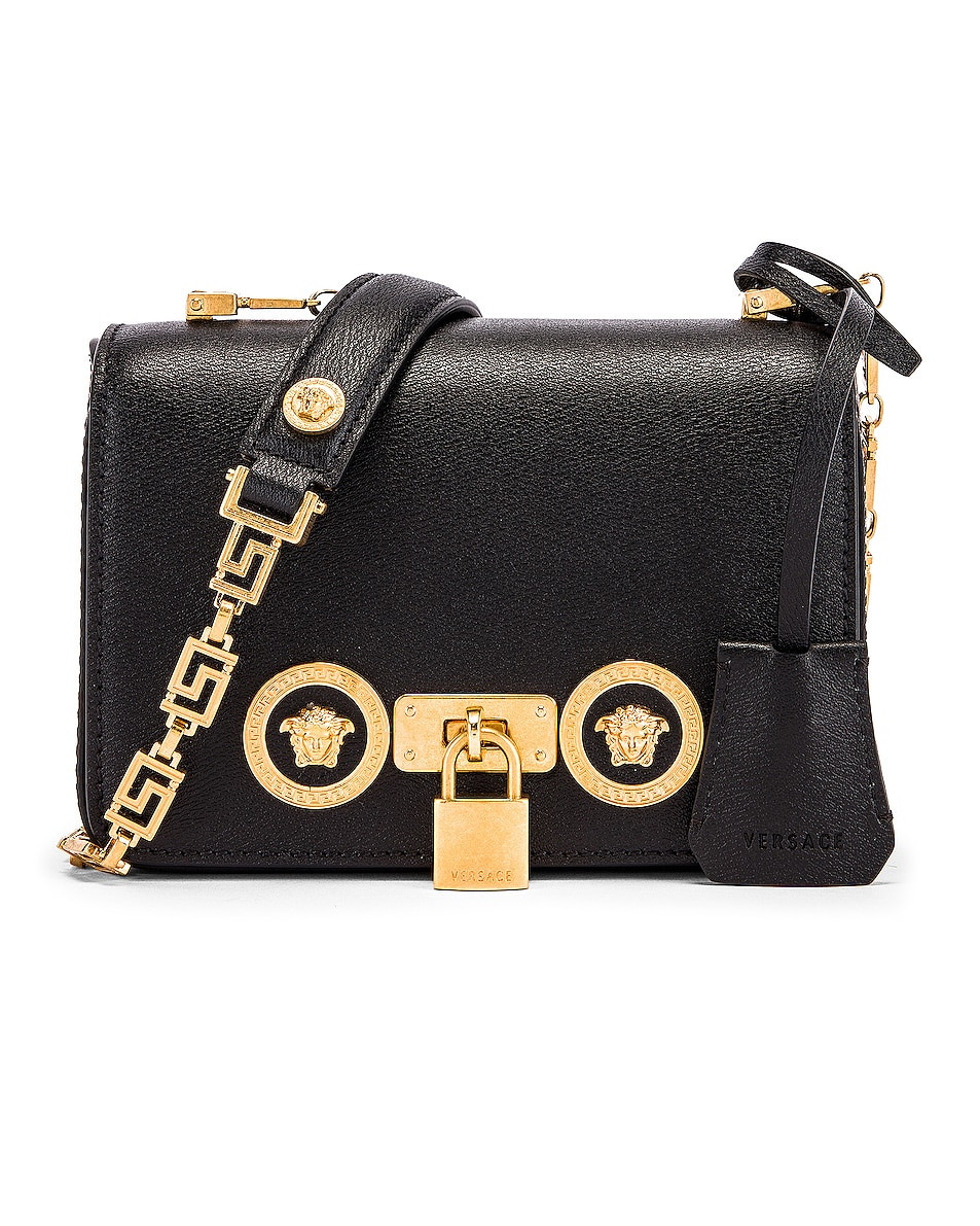 Versace Small Icon Flap Shoulder Bag in Black.