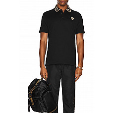 Versace Taylor Fit Polo in Black,Metallic Gold