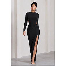 Miley Black Long Sleeved Open Back Wrap Maxi Dress 