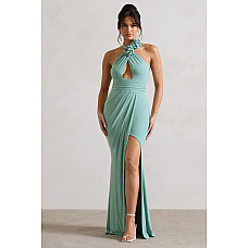 Kira Sage Halter Neck Cut-out Split Maxi Dress with Flowers  