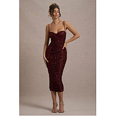 New Energy Plum Sequin Strappy Ruched Bodycon Midi Dress 