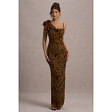 Yasmin Leopard Print Velvet Strappy Maxi Dress With Bow 