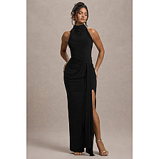 Khari Black High Neck Twisted MaxI Dress With Drape 