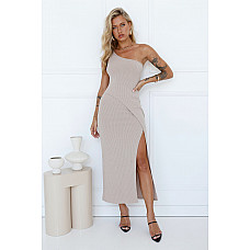 Weekly Wear One Shoulder Ribbed Maxi Dress Light Brown