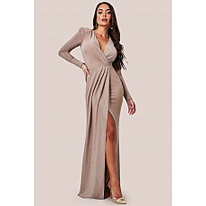 Goddiva Plunge Neck Wrap Front Split Lurex Maxi Dress Nude