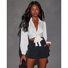 Ines Collared Long Sleeve Tie Crop Top White