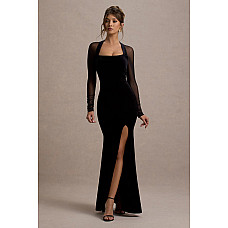 Apress Black Velvet Bodycon Split Maxi Dress With Sheer Sleeves