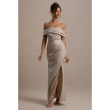 Martine Champagne Satin Bardot Wrap Maxi Dress 