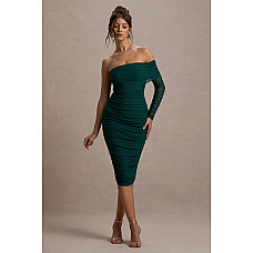 Bijou Bottle Green Asymmetric Bardot Mesh Ruched Midi Dress 