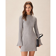 Grey Crew Neck Bell Sleeve Sweater Dress