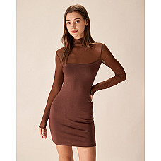 Brown See-Through Bodycon Mini Dress