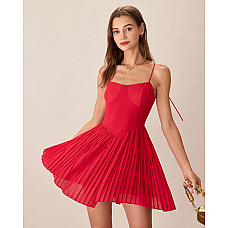 Red Chiffon Pleated Slip Mini Dress