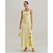 Yellow Ruffle Backless Slit Slip Maxi Dress