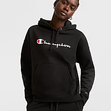 Champion Powerblend Hoodie. Black Script Logo 