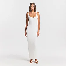 Smooth Layers Scoop Neck Long Dress in Egret