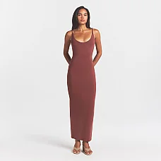 Smooth Layers Scoop Neck Long Dress in Henna