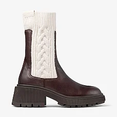Tamia Flat Chocolate Shiny Calf Leather Ankle Boots with Cable Knit