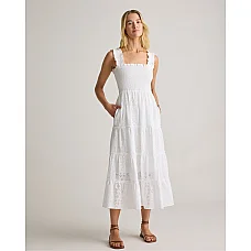 Organic Cotton Poplin Smocked Midi Dress White