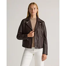 Washed Leather Biker Jacket Brown