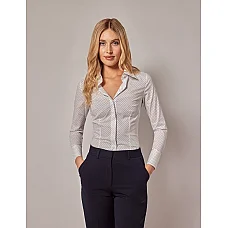 White & Navy Small Dots Fitted Cotton Stretch Shirt