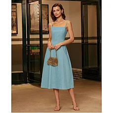 Blue Square Neck Shirred Slip Midi Dress
