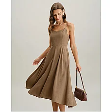 Khaki A-Line Pleated Slip Midi Dress