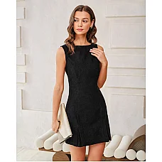 Black Boat Neck Corduroy Sleeveless Mini Dress